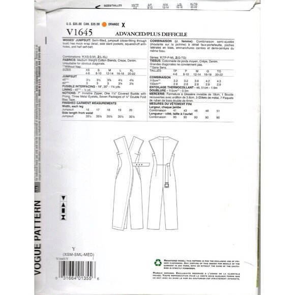 Vogue V1645 Misses XS to M Rachel Comey Jumpsuit Uncut Sewing Pattern - Picture 2 of 2